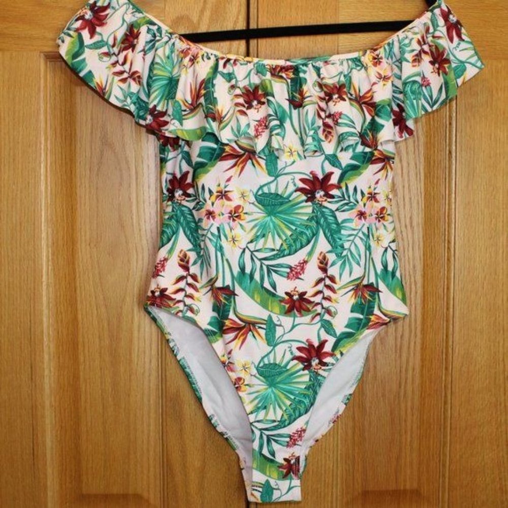 CABANA DEL SOL Off Shoulder Ruffle Top Tropical Print One Piece Swimsuit  Size M